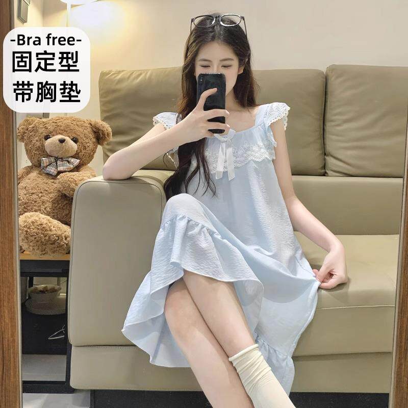 带胸垫吊带睡裙睡衣女生夏季2026年新款家居服甜美少女荷叶袖蓝色