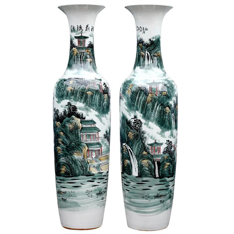 景德镇陶瓷器大号手绘落地花瓶五彩瓷山水锦绣前程大客厅装饰摆件