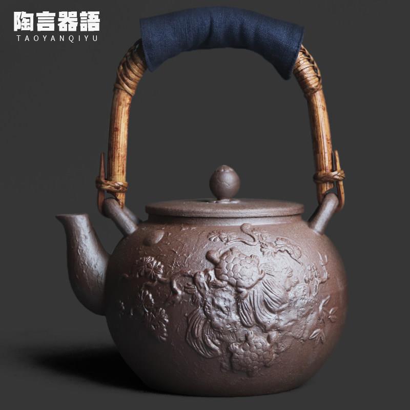 复古粗陶老岩泥富甲大号提梁煮茶壶中式围炉炭火黑晶炉烧水单壶