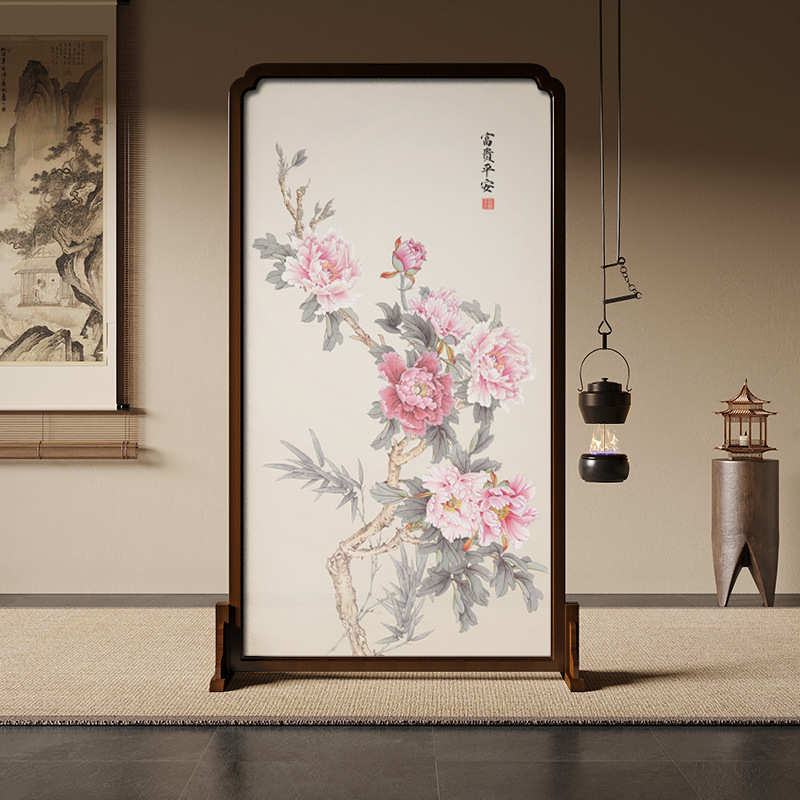 gy新中式东方美学实木屏风隔断装饰客厅茶室玄关可移动座屏富贵平