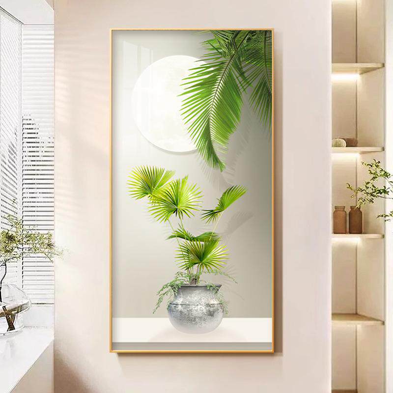 北欧玄关装饰画绿植走廊过道挂画奶油风肌理画客厅入户门竖版壁画