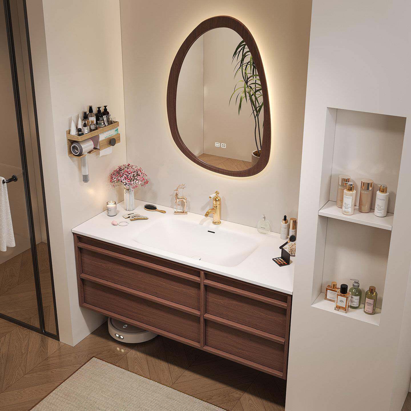 中古风岩板热弯一体盆胡桃色浴室柜组合可丽耐洗漱台洗手脸盆定制