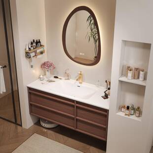 中古风岩板热弯一体盆胡桃色浴室柜组合可丽耐洗漱台洗手脸盆定制