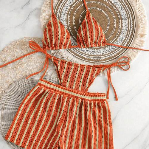 Women'S Striped Bikini Set, High Waist Tie Back Swimsuit,