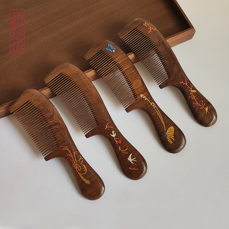2024新品黑金檀木梳整木描金静电顺发按摩梳母亲节礼物刻字