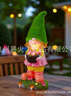 新款太阳能女孩抱花篮摆件花园庭院阳台树脂装饰人物雕像摆件
