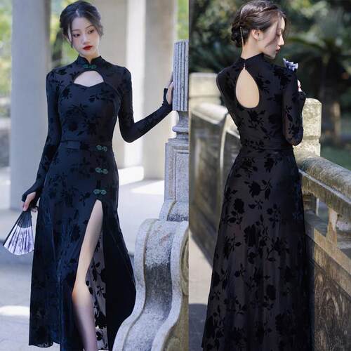 古典爵士现代舞练功服开衩旗袍跳舞蹈专用国风长袖显瘦演出服套装