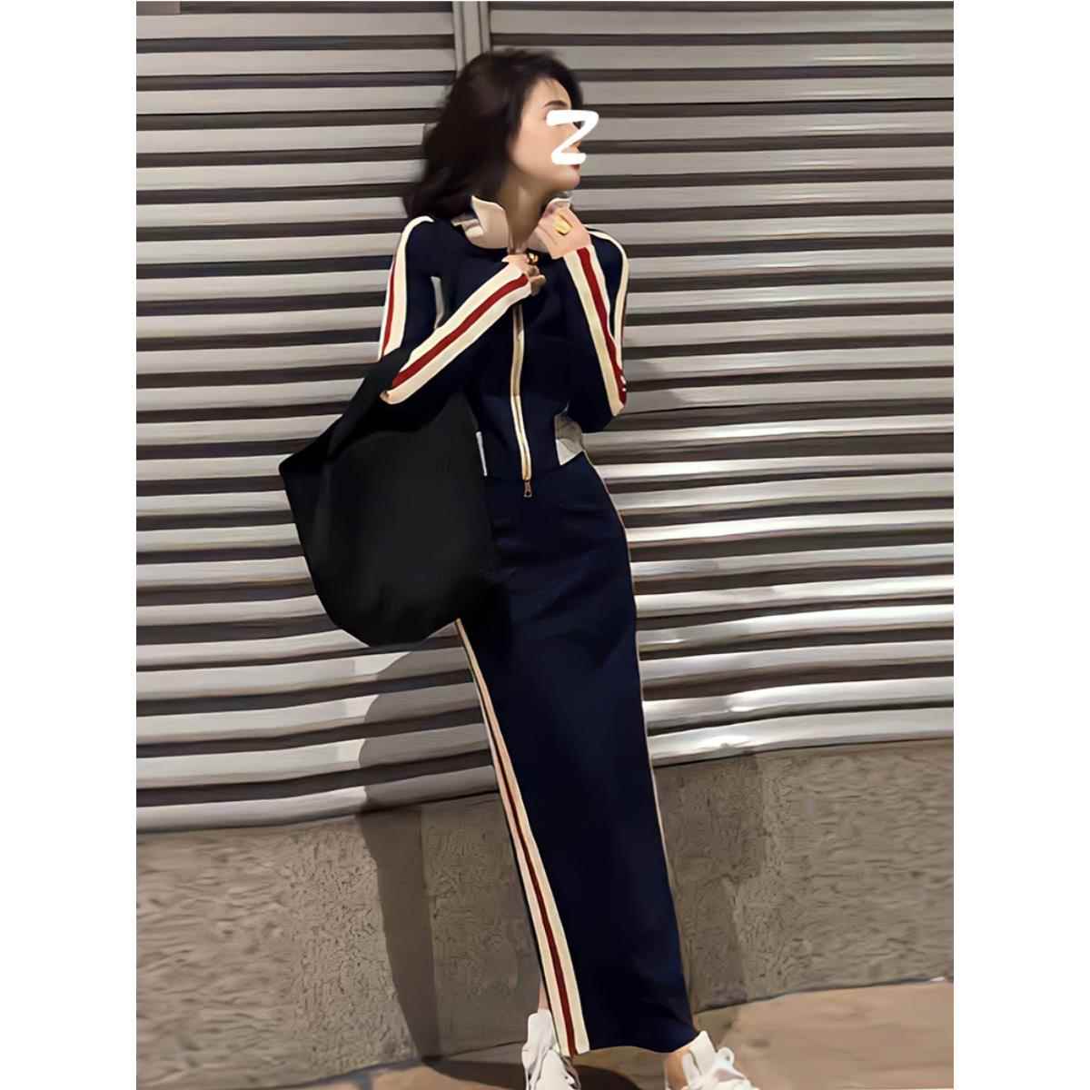 2025秋冬女性休闲运动套装新潮开衩裙两件套