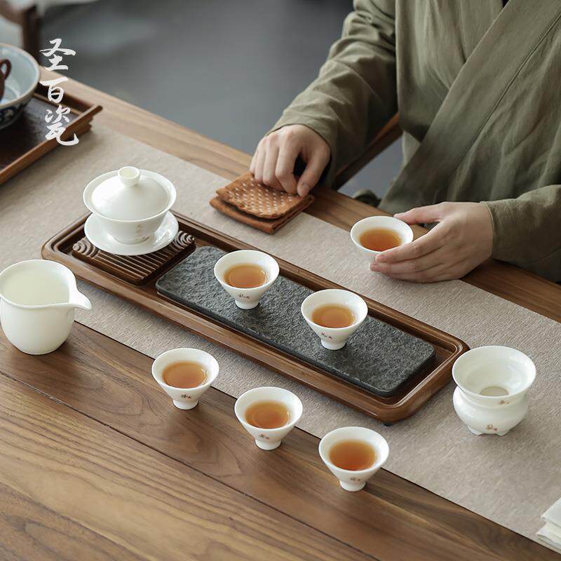 高档客羊脂玉夫茶具装德化家用办公室会高档白瓷功防烫套盖碗杯子