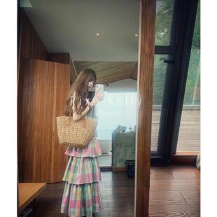 Rixo Kelly 马卡龙盛宴夏新无袖格子蛋糕裙甜美彩虹连衣裙蓬蓬裙