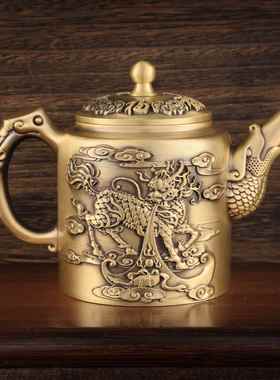 爆款黄铜家居摆件茶具茶壶办公室摆件麒麟茶壶百福高茶壶