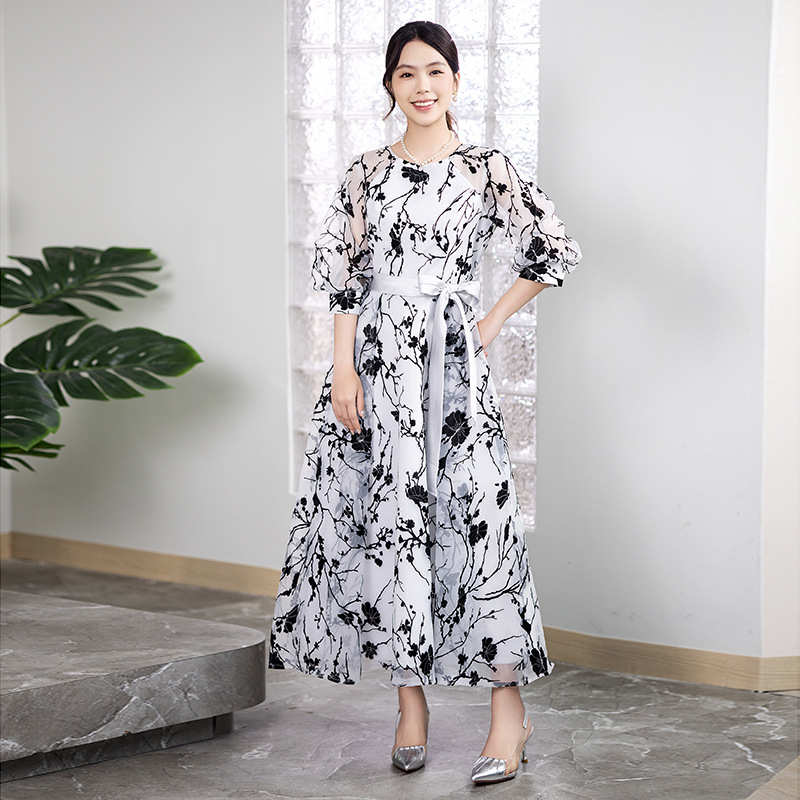 宴会晚礼服女2025新款长款大码气质显瘦主持人平时可穿印花连衣裙