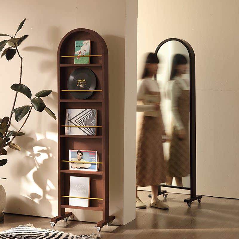 中覆古风实木全身全身镜可移动落地旋转书架杂志一体法式置物玄关