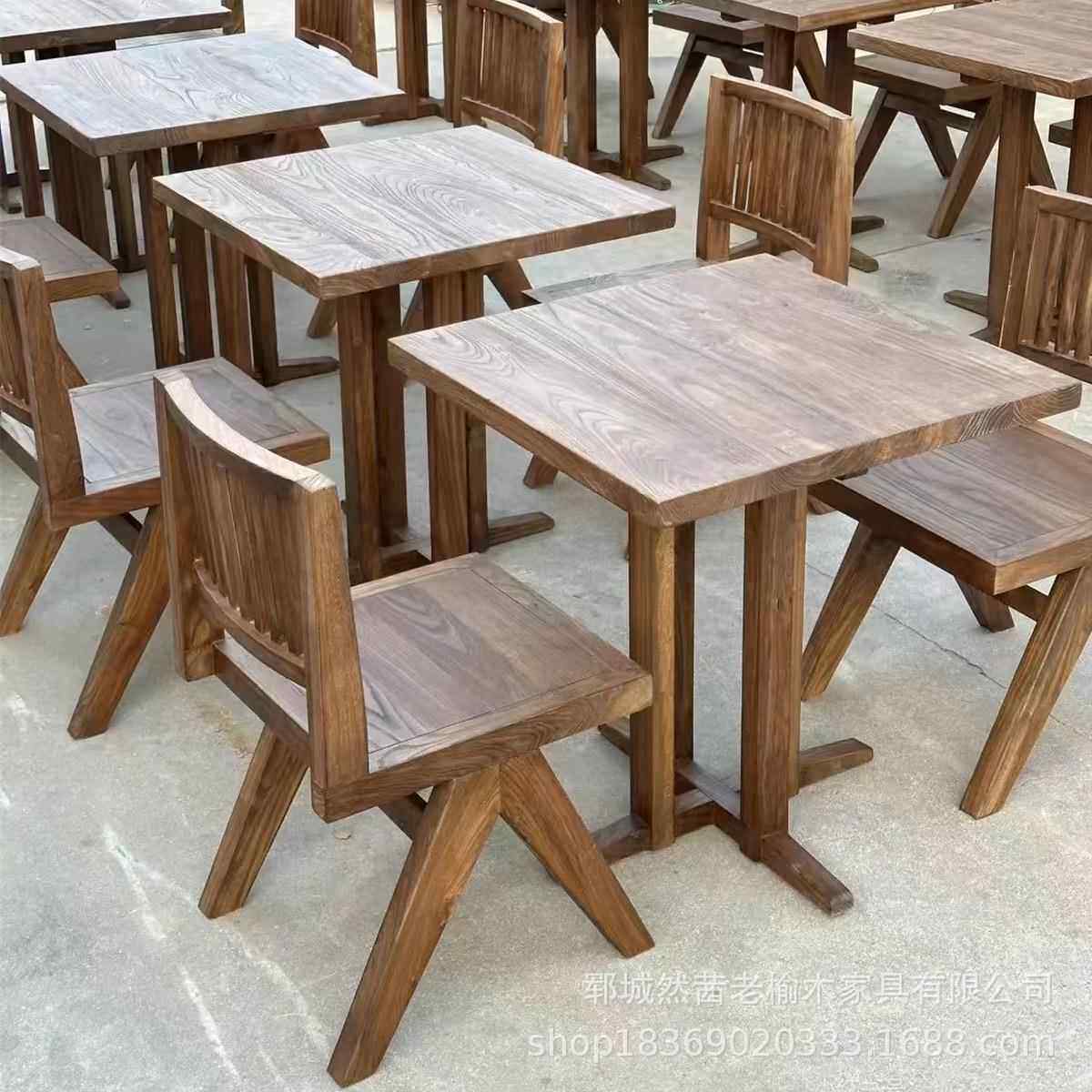 老榆木茶桌正方形长方形咖啡桌椅实木实木办公喝茶桌老门板餐桌