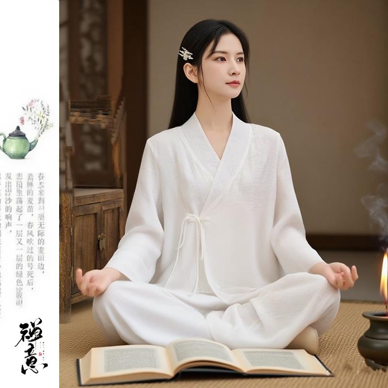 白色禅服女太极仙气飘飘服禅修打坐居士服佛系禅意女装心灵疗愈服