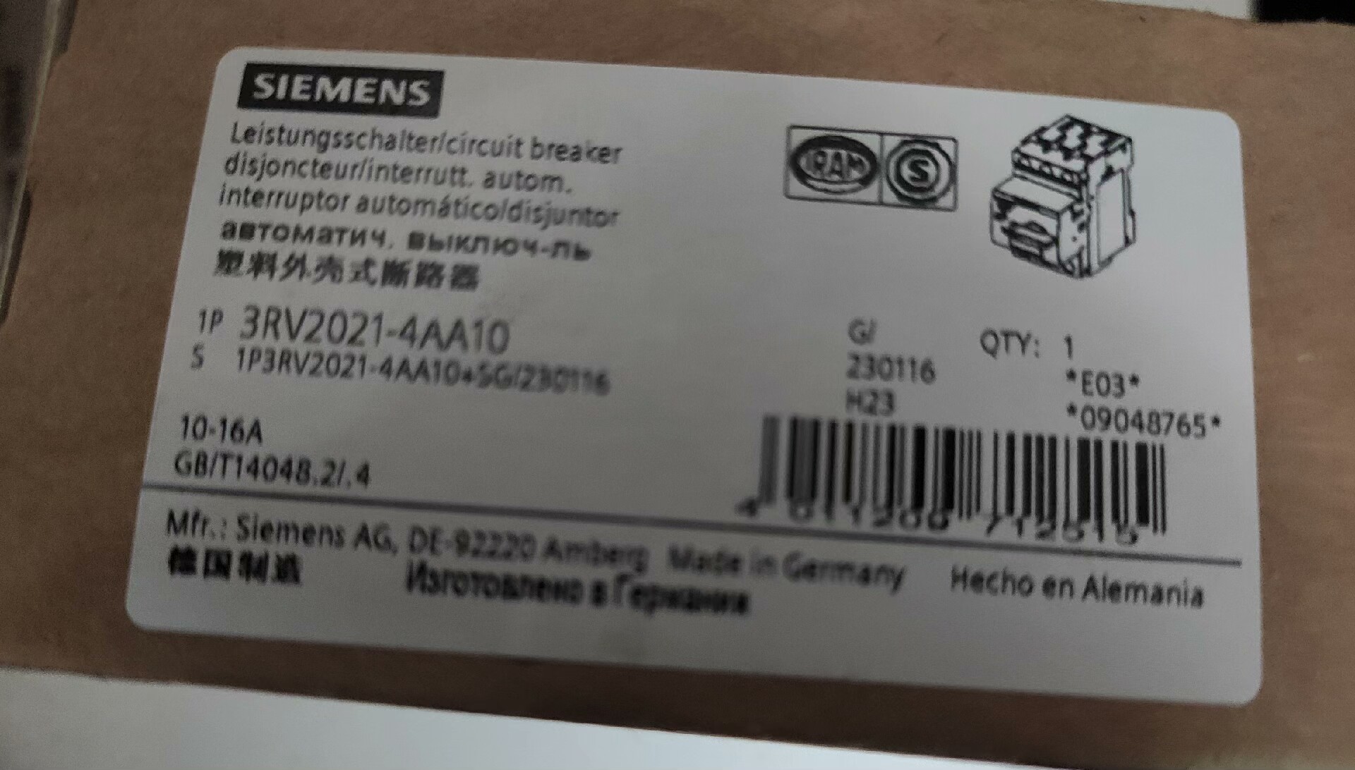 西门子断路器3RV2021-1CA10，有2个，全新原装现货