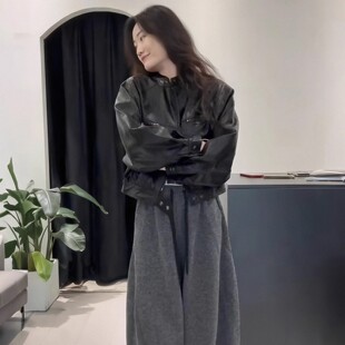 rouje bonjour复古酷帅皮衣外套休闲阔腿裤高级感复古两件套装女