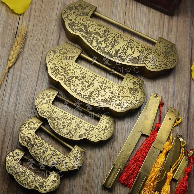 刻花横开挂锁中式仿古铜锁铸铜元宝锁插销门锁锁头木箱锁锁具