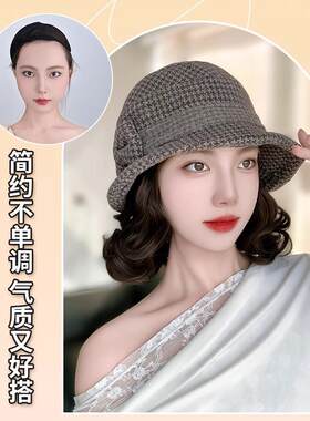 新款直销中老年妈妈帽子假发女秋冬季洋气毛呢礼帽短卷发一体渔夫