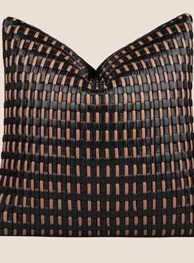 革样板房间靠VSM垫P枕U皮编织方枕黑色橘棕色拼接装饰软装抱靠包