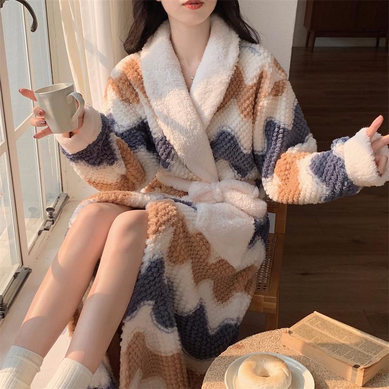 珊瑚绒睡袍女秋冬季晨袍加绒加厚长款睡衣保暖高级浴袍冬天家居服