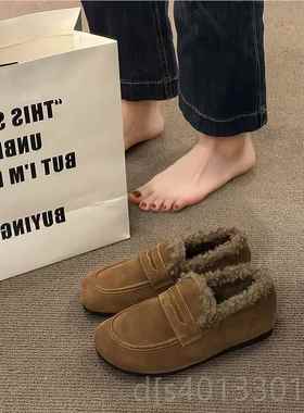 高档日系加绒勃肯鞋2平024冬季新懒人一脚女蹬豆豆鞋孕妇底保款暖