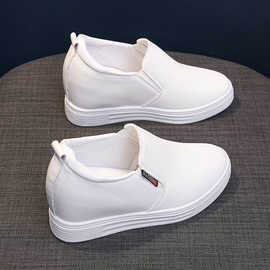 坡跟小白鞋厚底41大码鞋内增高6cm洞洞镂空乐福，鞋白色护士鞋单鞋