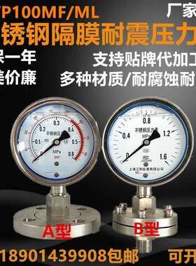 YTP100-MLF不锈钢隔膜压力表耐震法兰螺纹式连接膜片DN25DN50四氟