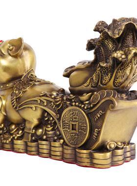 纯铜金猪拉财摆件十二生肖福猪送财铜白菜居家金属工艺品