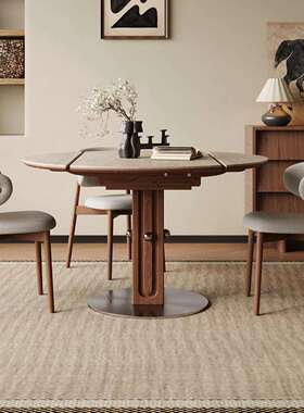 205洞石岩板伸2缩餐桌复古形家用圆桌小户型GMV实木圆方圆两用饭