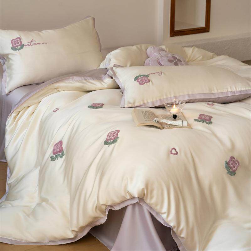夏日小清新60支兰精天丝四件套花卉毛巾绣拼角被套丝滑凉感床品
