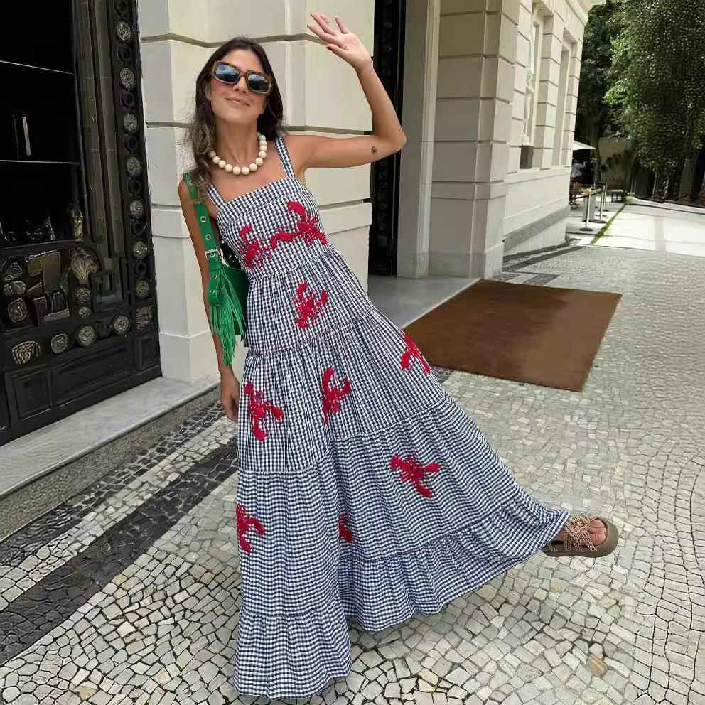 skirt long vacation beach dress suspender swing pleated