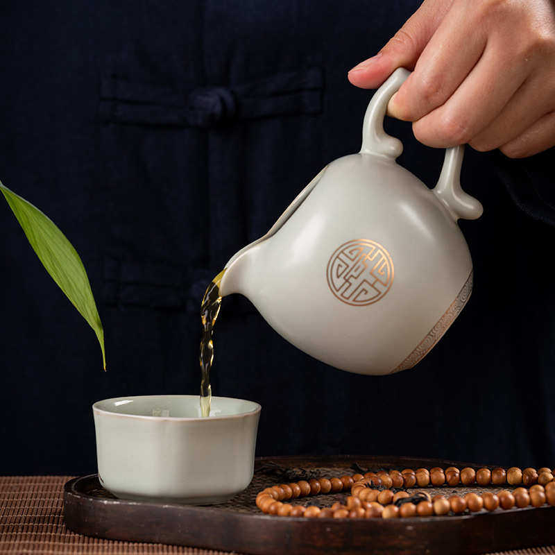 汝窑描金公道杯功夫茶具大号公杯汝瓷开片茶漏茶海套装陶瓷分茶杯
