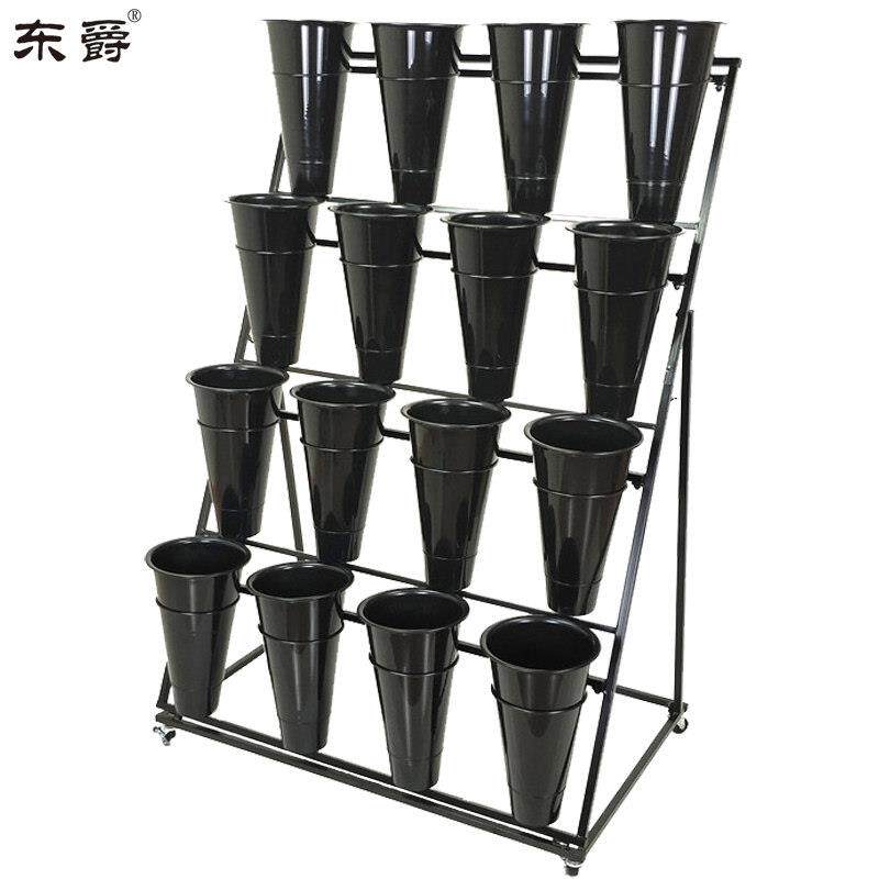 花店鲜花展示架多层阶梯花架摆花带万向轮铁艺架养花桶塑料花筒