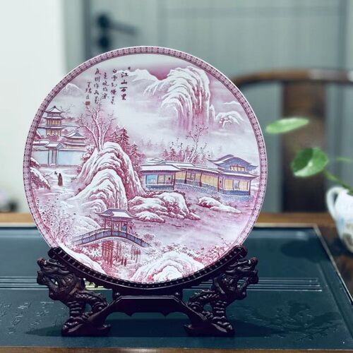 景德镇陶瓷装饰盘江山万里雪景赏盘书房柜台玄关工艺品摆件收藏