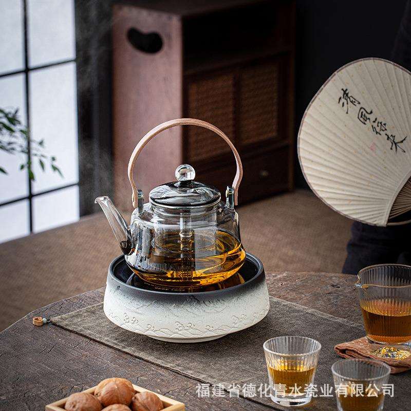 胡桃木电陶炉家用室内加厚玻璃耐高温煮茶壶磨砂冬天煮茶器提梁壶