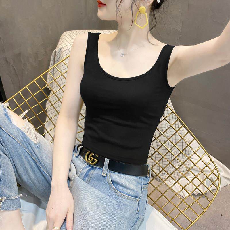 潮牌黑色U领吊带背心女短款t恤夏季款设计感小众修身内搭打底上衣