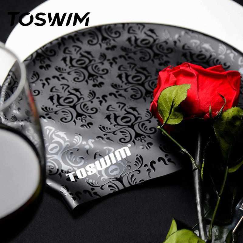 TOSWIM拓胜泳帽 男士印花防水舒适护耳游泳帽子 成人加大硅胶泳帽
