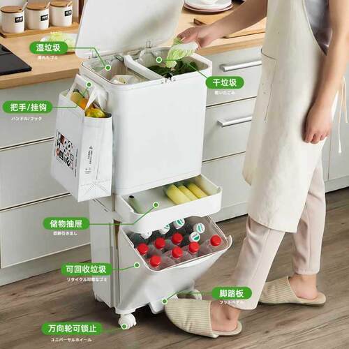 垃圾桶家用干湿分客厅厨房厨余带大盖F965756T容量脚双层垃圾分踏