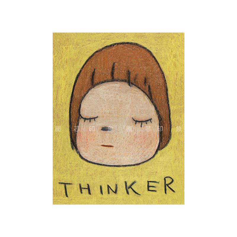 THINKER 闭眼思考女孩人物装饰画海报墙面贴画儿童房奈良美智姜黄图片