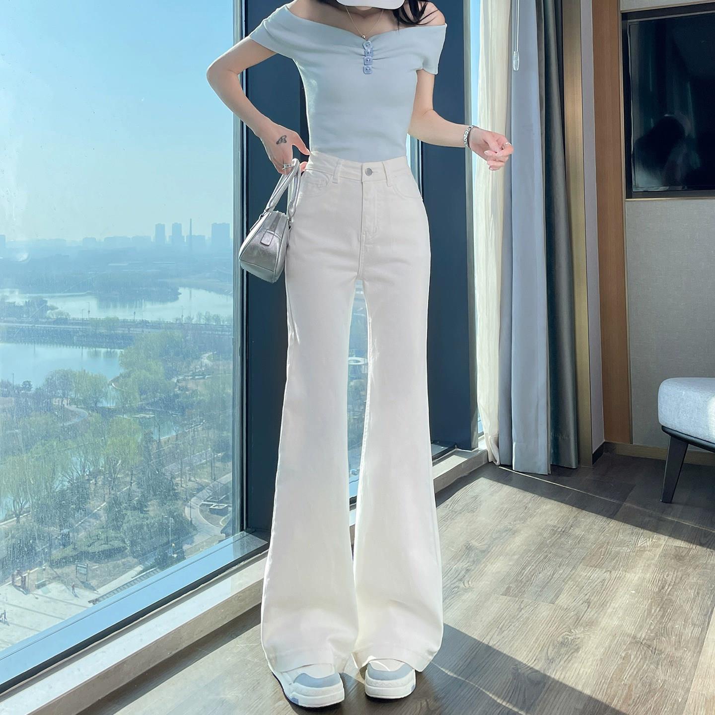 Canary Kiss白色微喇牛仔裤女2025年早秋新款修身显瘦拖地喇叭裤