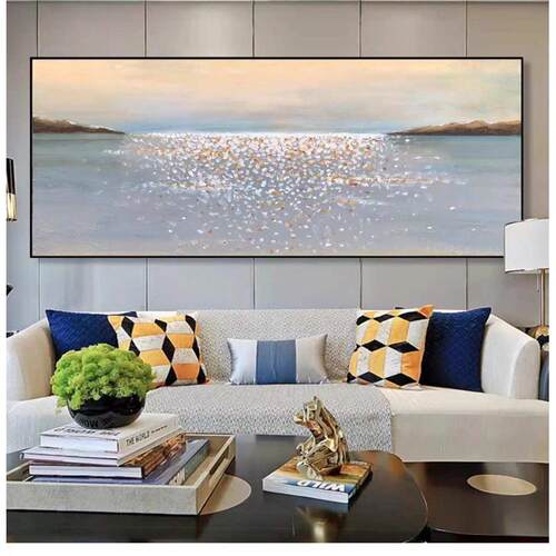 纯手绘大型海景横幅装饰画现代高级感肌理立体油画简约客厅墙挂画