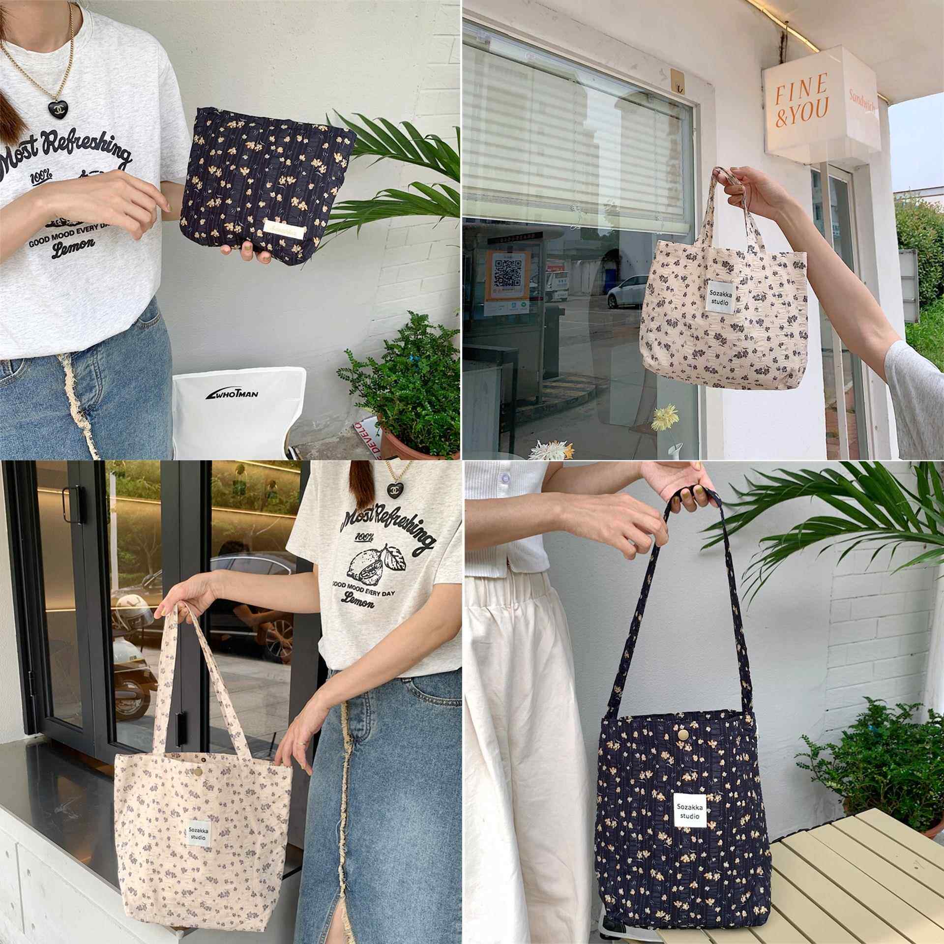 复古碎花帆布化妆包大容量手提包女单肩斜挎包托特包腋下包