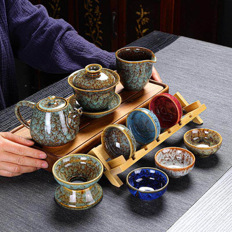 窑变茶盏茶杯功夫茶具套组 建盏茶碗家用陶瓷待客品茗杯6祇收纳架