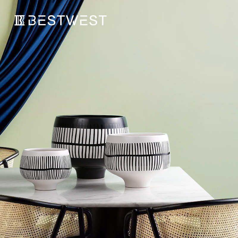 Best west 简约黑白色条纹高脚陶瓷花盆高档家居样板间花瓶装饰品,家居饰品,花瓶,淘宝优惠券,粉丝福利购,淘宝优惠卷