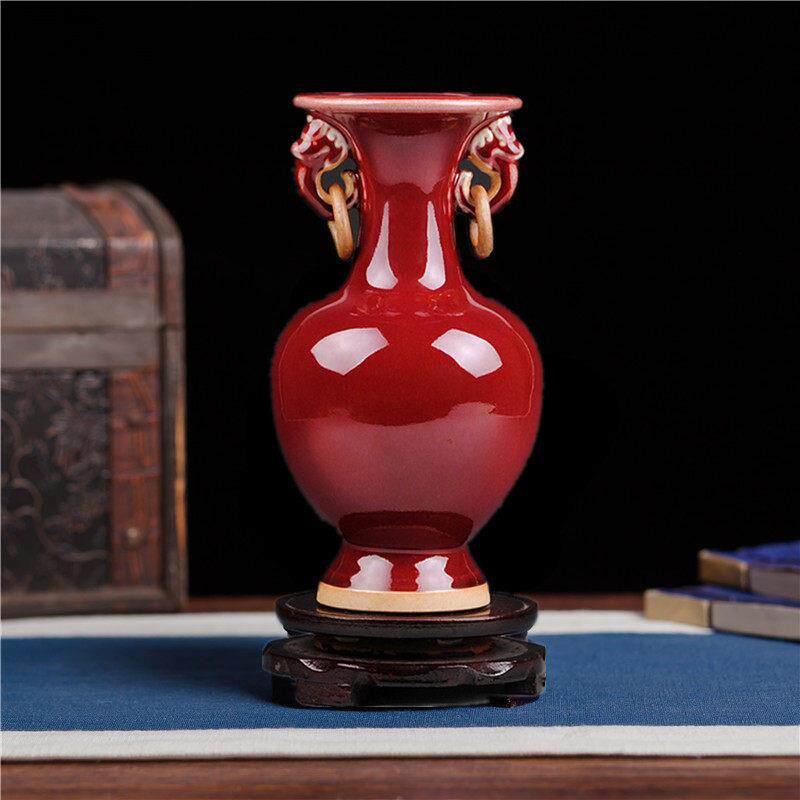 景德镇陶瓷器彷古钧瓷郎红双耳小花瓶花插时尚家居客厅装饰工艺品