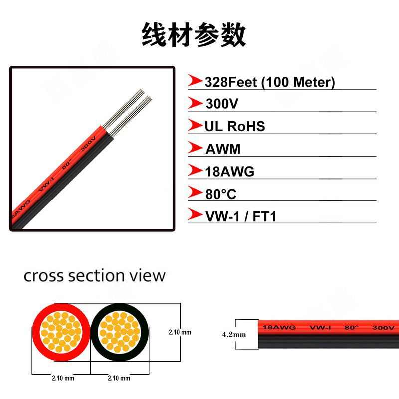 2468红黑并线 18 20 22AWG 双并线镀锡铜电子线延长线 100米一卷