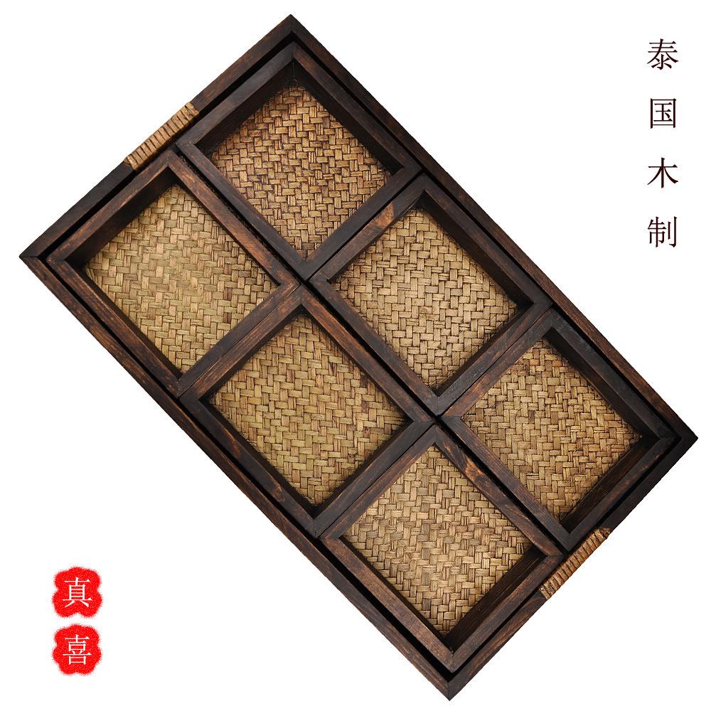 平把蔑底木托盘套装1大6小泰国木制工艺品茶道家居餐厅用品果盘