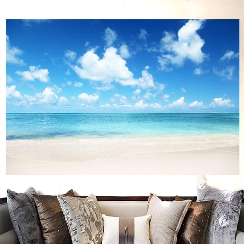 蓝天白云海滩海景风景装饰壁画客厅办公室沙发背景墙自粘贴纸墙画