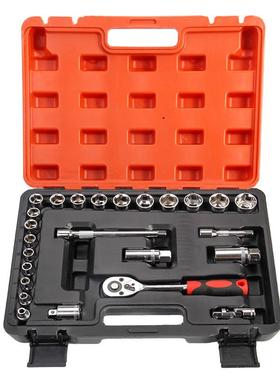 双色盒25PC件套汽机修套装组合24齿棘轮快速扳手铬钒钢套筒接杆